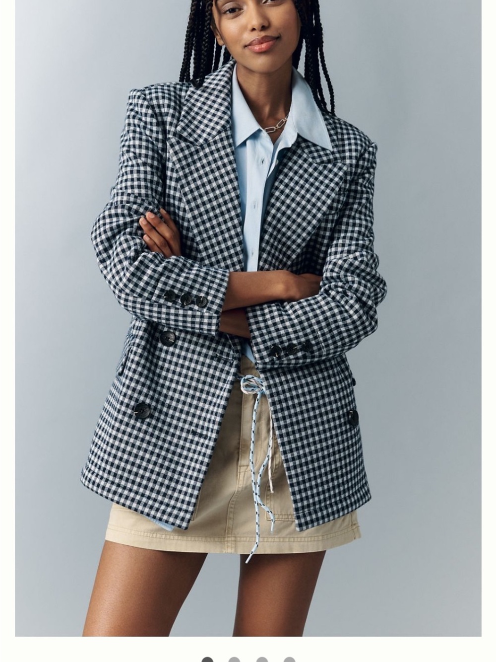 Checked Double-Breasted Blazer Jacket - Navy & White